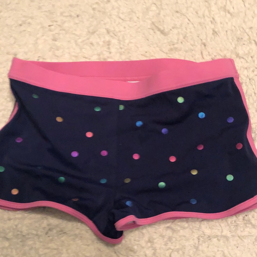 Mini Boden Girls' navy blue polka dot swim shorts, like new, size 11-12